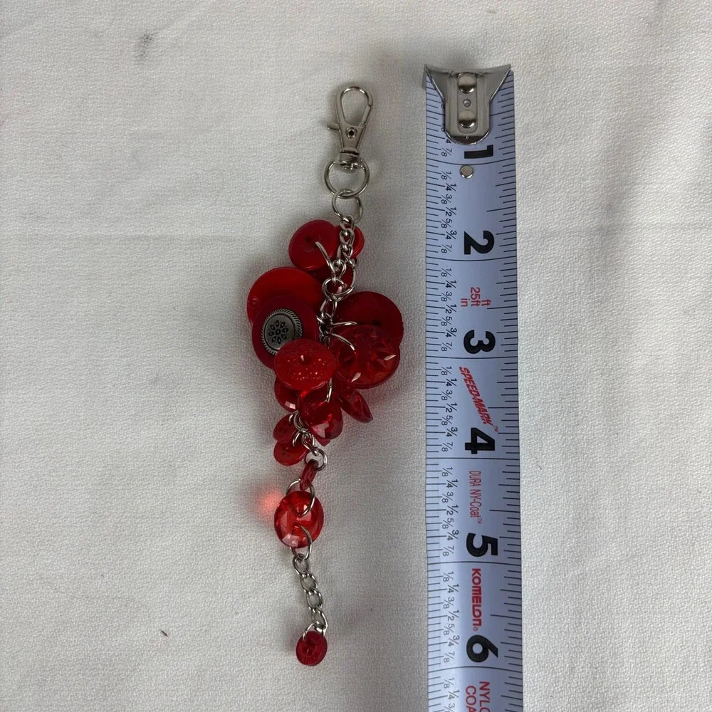 Handmade Red Button Bead Cluster Bag Charm Keychain Boho Eclectic Accessory